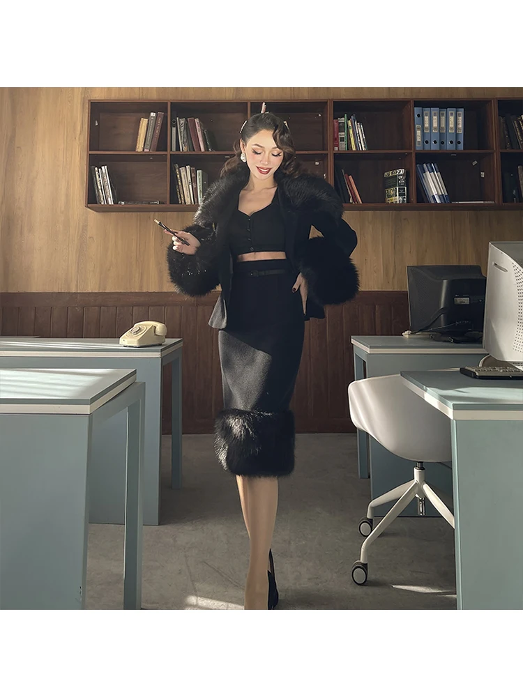 Le Palais Vintage 2021 Original Spring New Black Luxury Big Fur Collect Waist Coat Pencil Skirt Fashion Casual 2 Piece Set Women