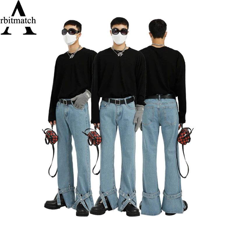 

Arbitmatch Denim Flared Pants Men Jeans Hip Hop Split Strap Baggy Jeans Cotton Solid Streewear Men trousers Oversize clothing