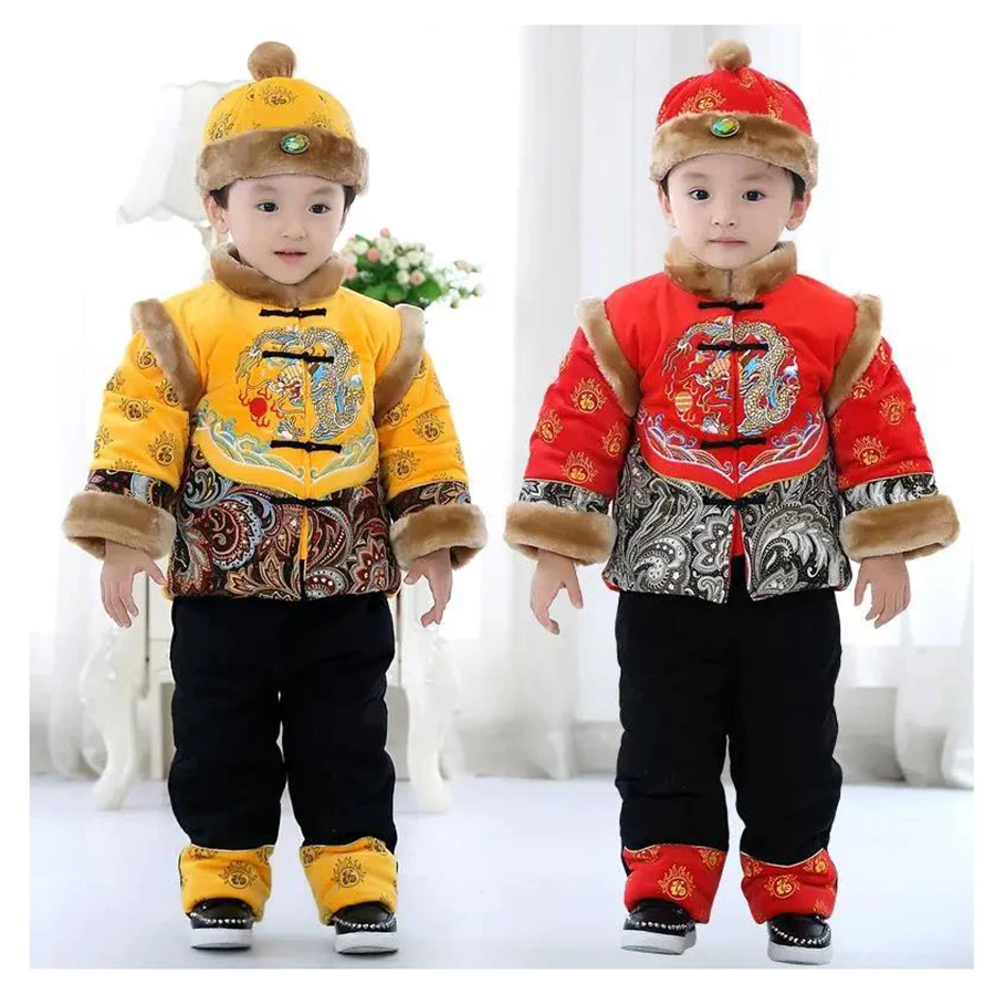 

Китайская одежда в традиционном стиле, Детский костюм Тан с надписью «Pay a New Year Call», новогоднее платье ханьфу с хлопковой подкладкой, наряд д...