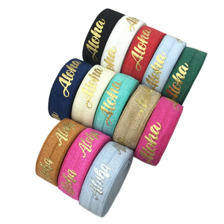 

10Yards 15mm Rose Gold Foil ALOHA Print Fold Over Elastic FOE Ribbon Webbing For Headwear Hair Sewing Accessories