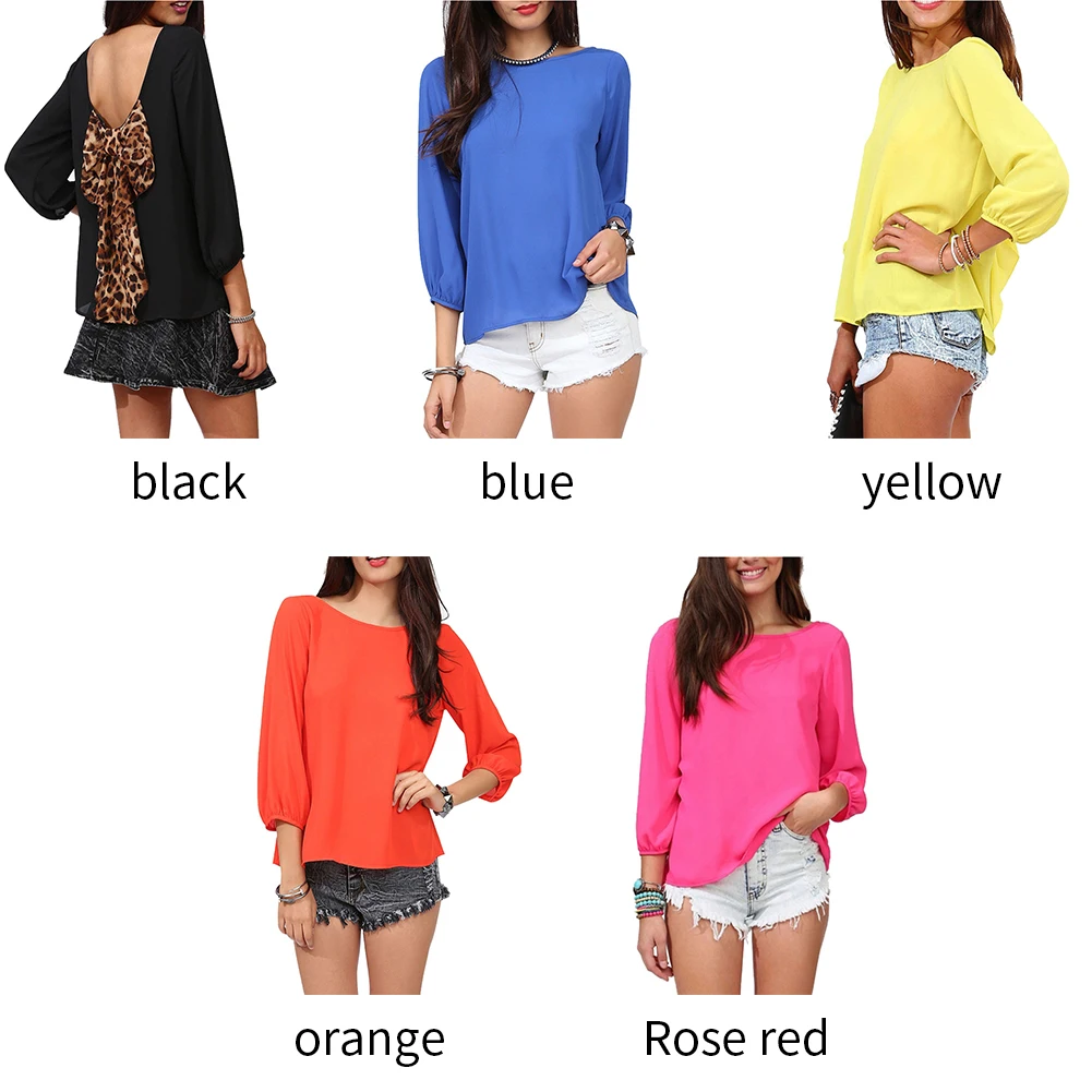 

Summer Style Women Chiffon Blouses Loose Style Sexy Leopard BowShape Backless Sleeve Shirts Blouse Size S