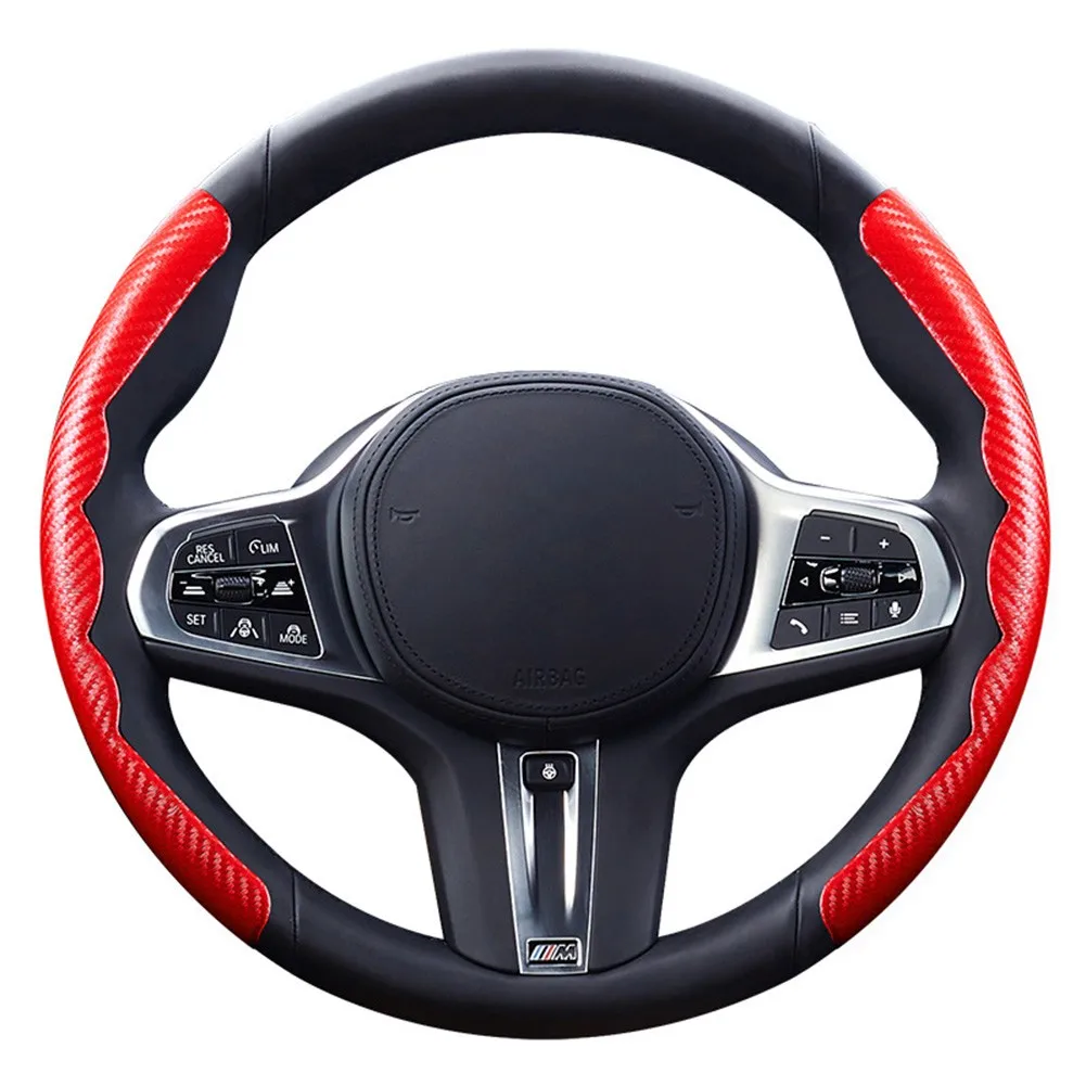 

3PCS Car Steering Wheel Booster Non-Slip Cover Red+Blue Carbon Fiber Steering Wheel Decoration