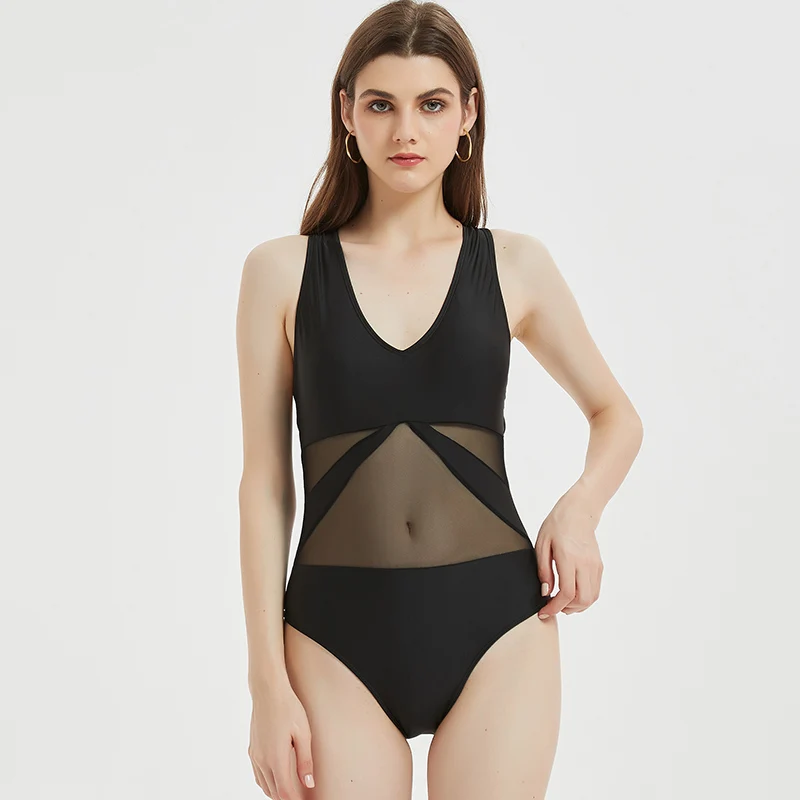 

Girl's Classic One Piece Swimwear Sexy Elegant Black Mesh Transparent V Neck Cross Strings Back New Design Bathing Suit 2021