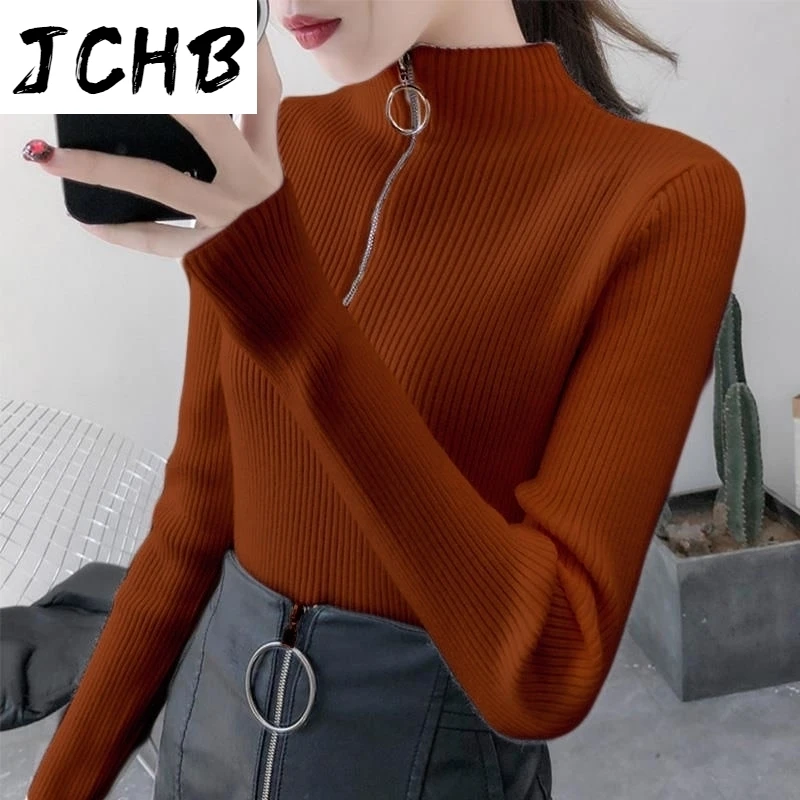 

Sweater Zipper Women Turtleneck Solid Autumn Female Knitted Sweater Pullovers Casual Long Sleeve Chic Soft Slim Bottoming Jumper