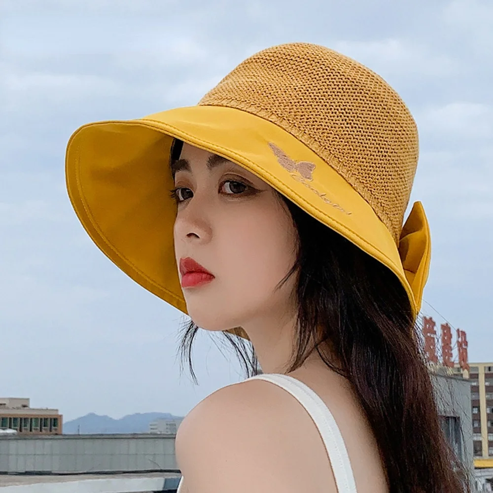 

2021 New Brand Summer Sun Protection Sunhat Women's Butterfly Embroidery Sandy Beach Bucket Hats Anti-UV Breathable Suncap