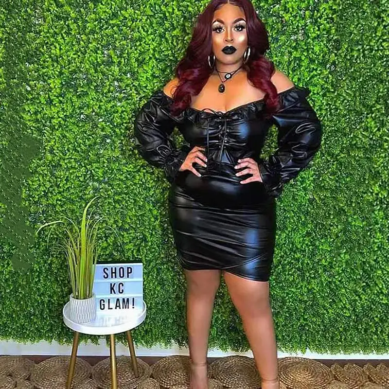 

Plus Size Dresses for Women Leather Pu Long Sleeve Off The Shoulder Black Dress Party Sexy Mini Dress Dropshipping Wholesale