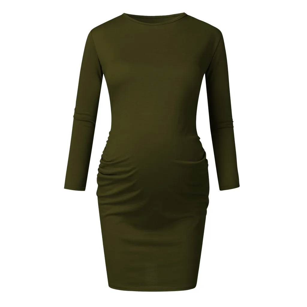 Army Green Женские платья с длинным рукавом и круглым рукавом для беременных; Одежда для беременных с рюшами; vestido embarazada zwangerschaps kleding gravida - Цвет: Army Green