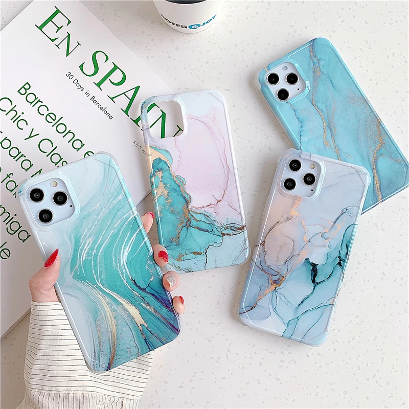 Роскошный Жесткий чехол из голубого золота и мрамора для iPhone 12 Pro 11 Max XR SE 2020 7 8 Plus X