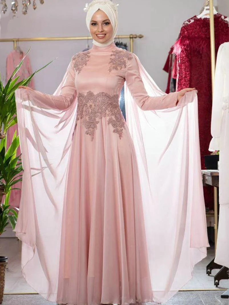 

Muslim Evening Dresses High Collar Long Sleeves Prom Dress With Flutters Applique Zipper Back Vestidos De Novia A Line Arabic