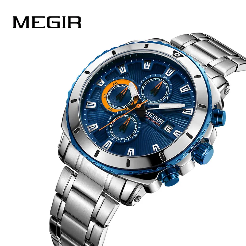 MEGIR Chronograph Quartz Mens Watches Luxury Brand Stainless Steel Business Wrist Men Clock Time Relogio Masculino | Наручные часы
