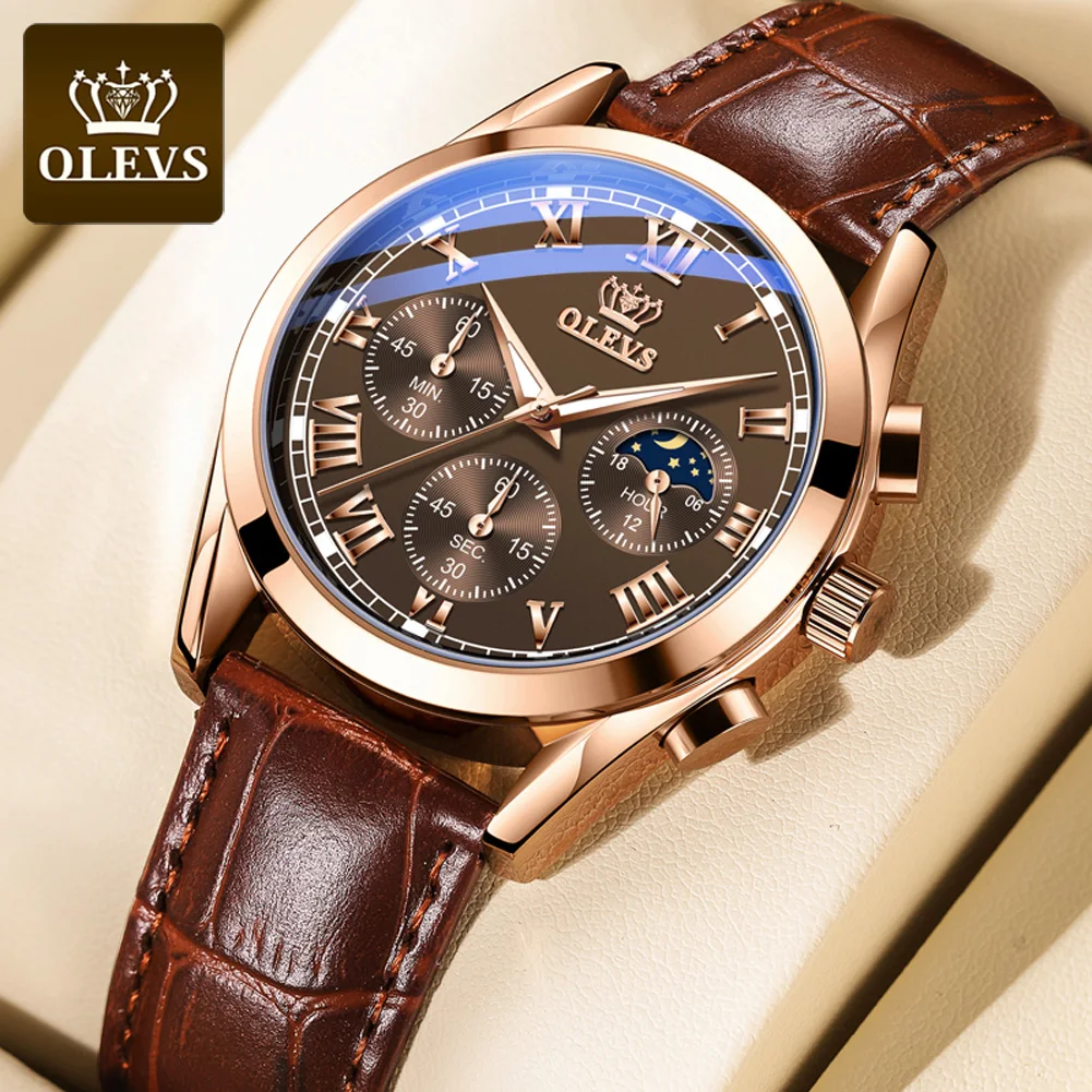 

OLEVS Top Brand Luxury Quartz Watch for Men 40MM Dial Luminous Moon Phase Watch for Men 40MM Dial Waterproof Stop Watch
