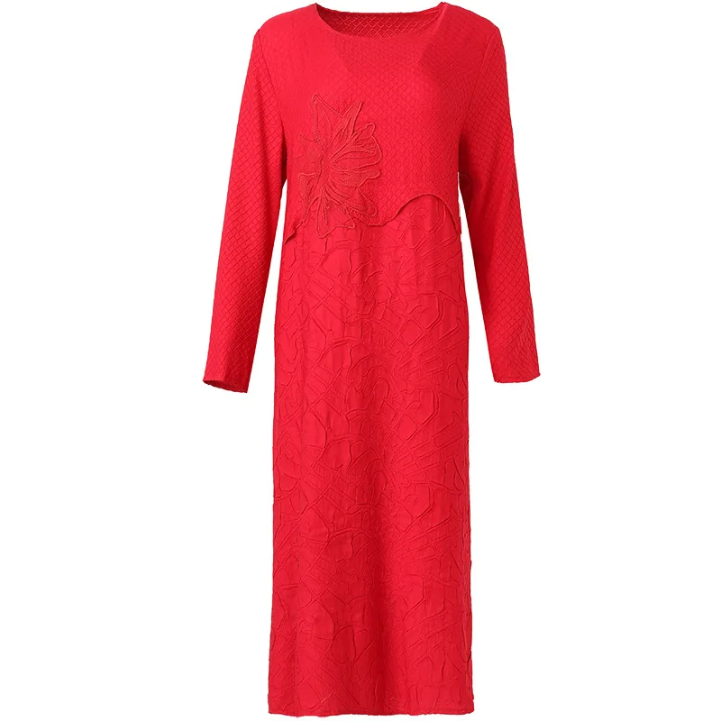

Embroidery Dress Autumn Winter 2020 New Women's Loose Big Size Pleated Dress