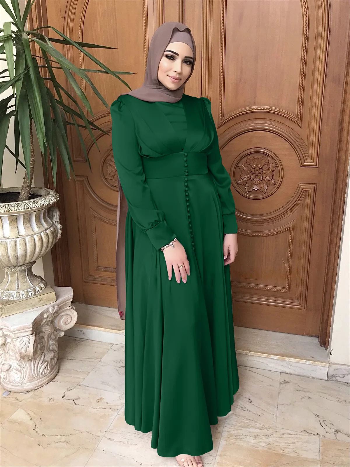 

WEPBEL Muslim Solid Color Beading Slim Dress Women's Casual Long Sleeve O-Neck High Waist Dubai Arab Robe
