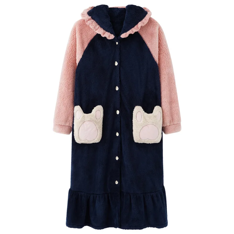 2021 Autumn and Winter Nightgown Rabbit Ears Sweet Coral Velvet Bathrobe To Keep Warm Long Flannel Plus Size Clothing for Women