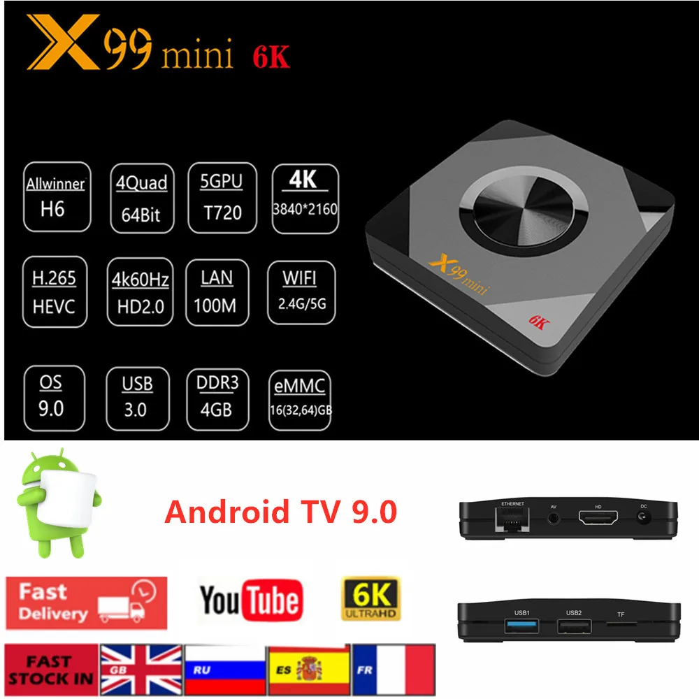 Smart TV Box Android 9.0 Allwinner H6 4GB RAM 64GB ROM 6K WiFi Media Player Youtube HD H.265 TV Receiver 3D Video Set Top Box