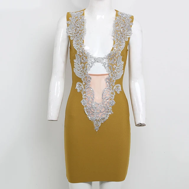 ginger yellow Новинка осени, женское мини Бандажное платье, сексуальное, черное, белое, кружевное, без рукавов, глубокий v-образный вырез, с блестками, Клубное, рождественское платье - Цвет: ginger yellow
