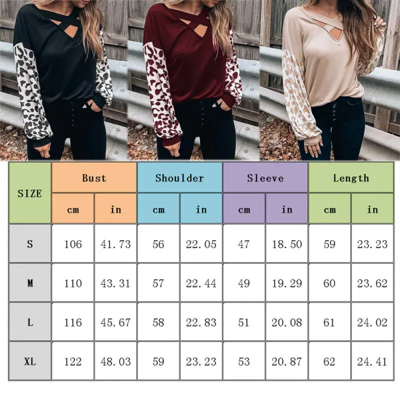 Женская футболка с длинным рукавом V-образным вырезом и леопардовым принтом |