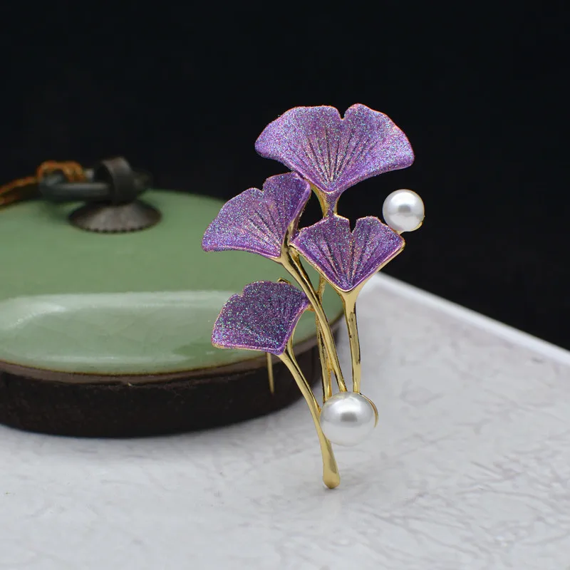 KingDeng Brooches Korean Fashion Gifts for Woman Accessories Pink Enamel Pin Lapel Cute Pearl Ginkgo Leaves Party Jewelry | Украшения и