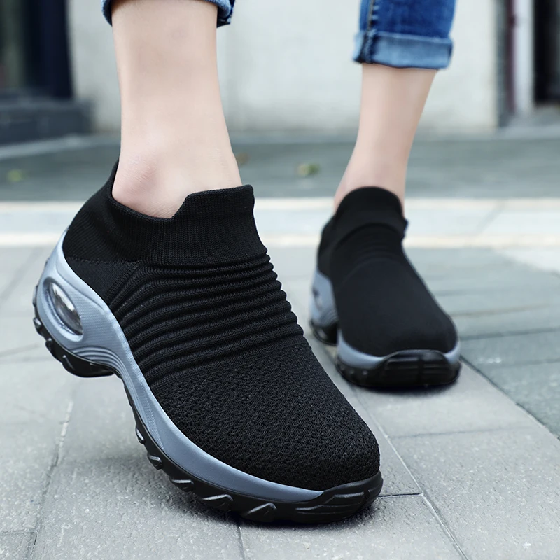 STRONGSHEN Women Platform Shoes Lady Flats Casual Black Ballet Comfortable Shoes Sock Slip On Dance Shoe Breathable Shoes Casual