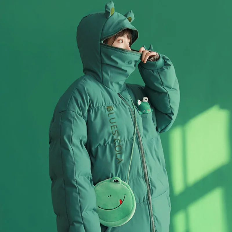 Funny Frog Green Padded Clothes Women's Winter Cartoon Cute Plush  Warm New Puff Jacket Hooded Parkas Japanese Kawaii Crop Top
