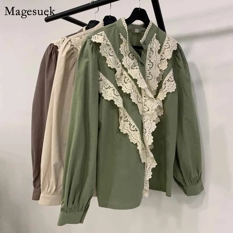 

Fashion Palace Style Long Lantern Sleeve Shirt Ladies Tops Autumn Lace Stitching Stand-up Collar Temperament Blouse Women 12797