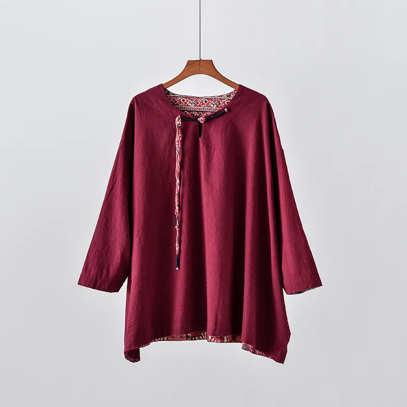 

Aransue Spring summer new women T-shirt cotton and linen ladies retro loose large size casual shirt manual button top