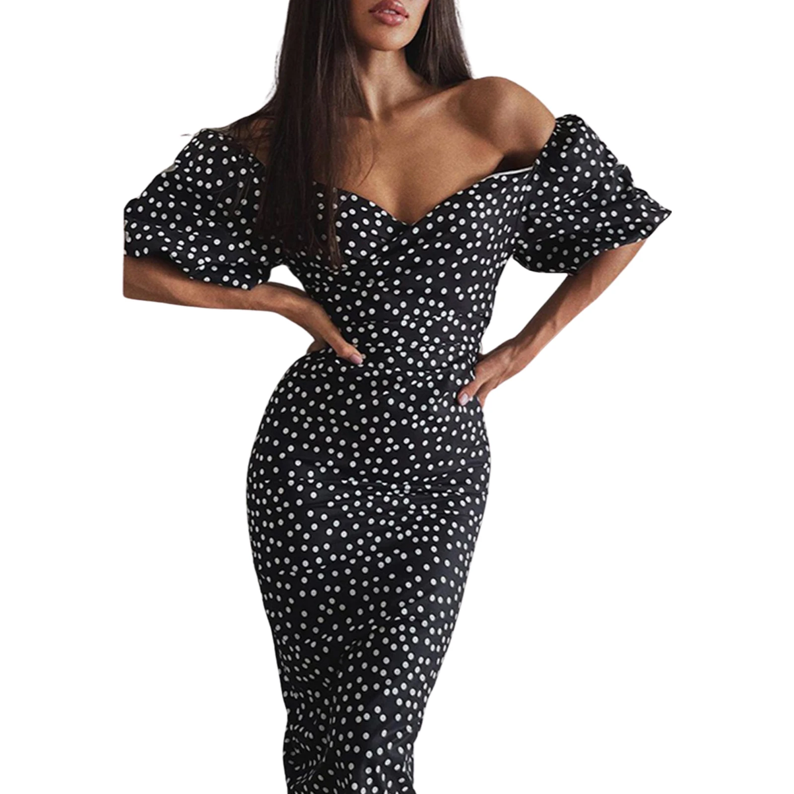 

Women’s Casual Puff Sleeve Skinny Dress Fashion Polka Dot Boat Neck Mid-length Dress
