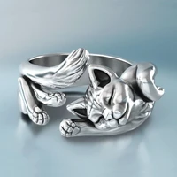 fashion cute kitten opened adjustable ring jewelry classic vintage women silver color cat wedding rings for female gift