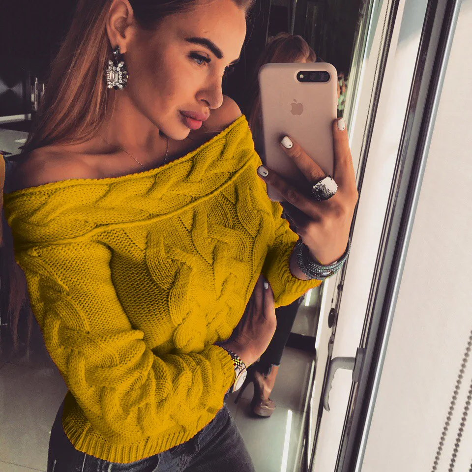 Женский свитер с открытыми плечами пикантный размера плюс пуловер женская