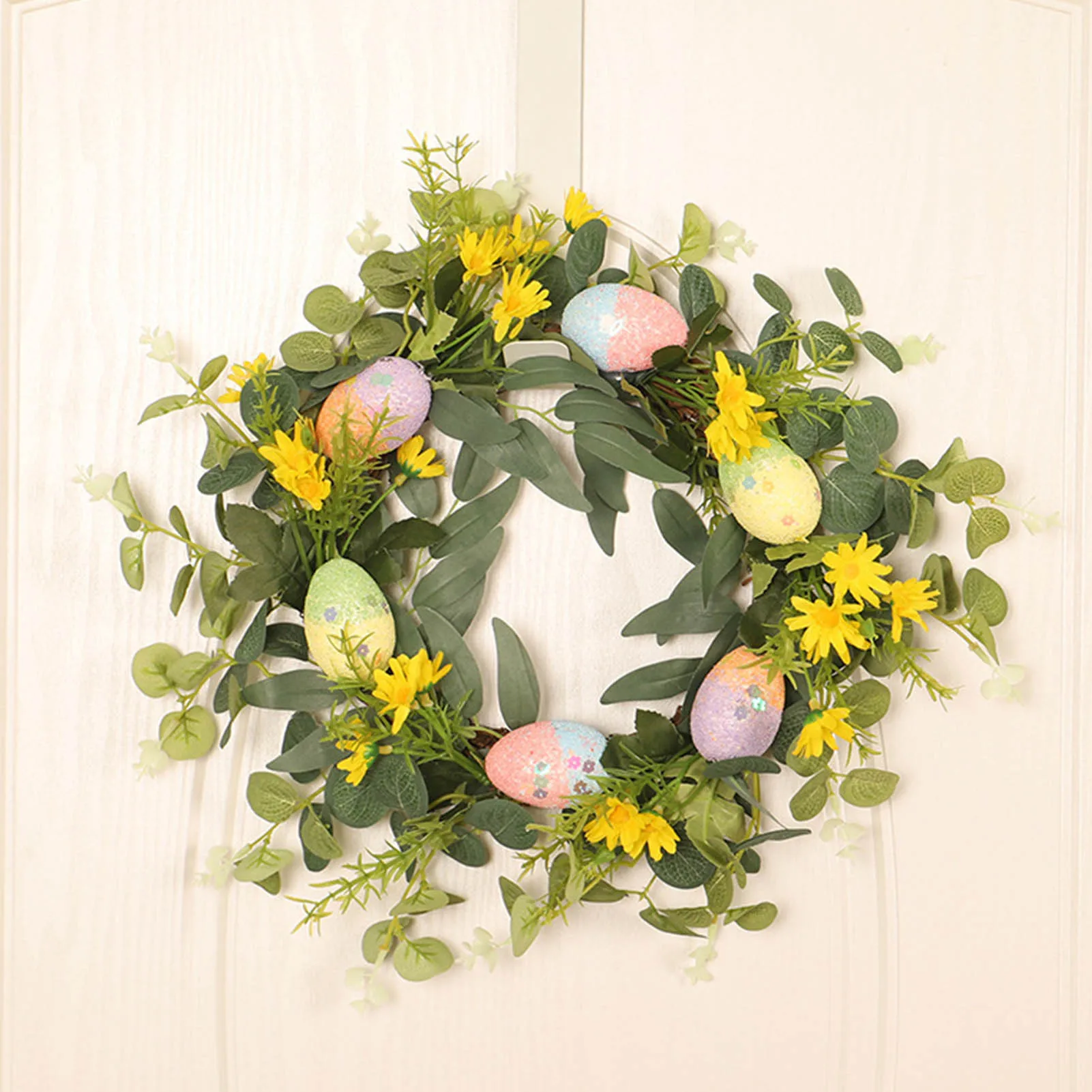 

35cm Easter Decoration Wreath Simulation Egg Leaflet Eucalyptus Wreath Door Hanging Pendant Home Living Room Decor Wreath