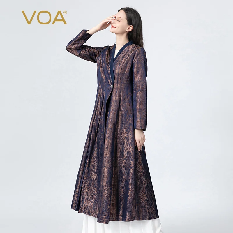 

VOA Vintage Paisley Silk Yarn-dyed Jacquard V-Neck Women Coats Autumn Office Ladies Single Button Long Sleeves Trench Coat FE177