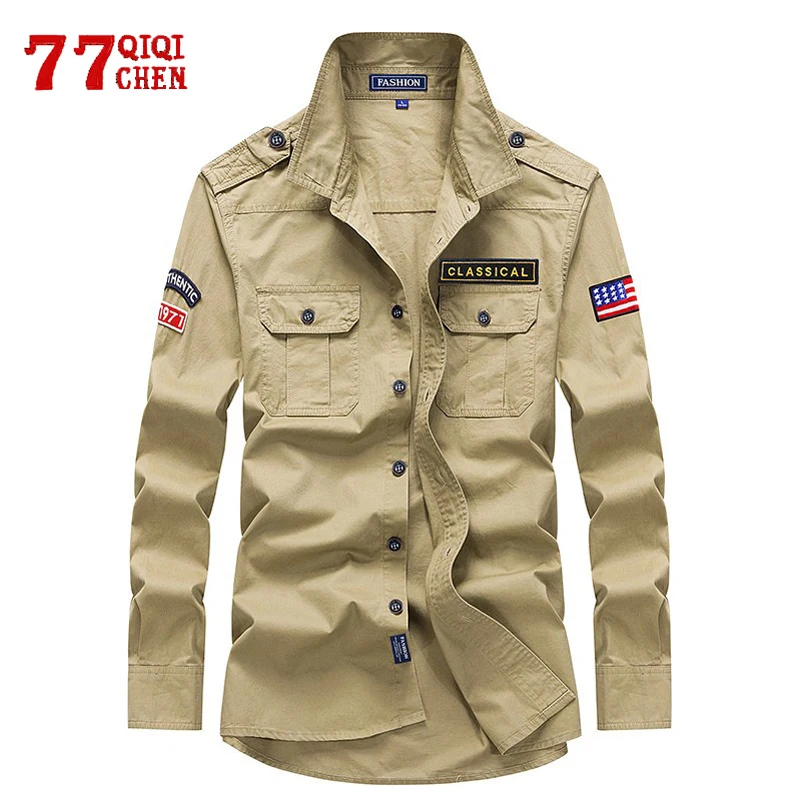 

Military Autumn Spring Shirt Men Casual 100% Cotton Long Sleeve Shirts Male Army Green Embroidery Tops Size 4XL Camisa Masculina