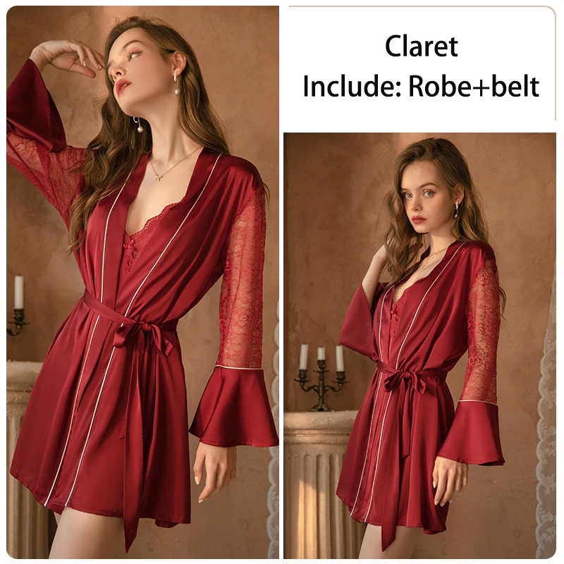 Sexy Nightwear Women's Nightgown Lace Nightdress Robe + Belt Homewear Sleepwear Silk   Night Dress+T Pant