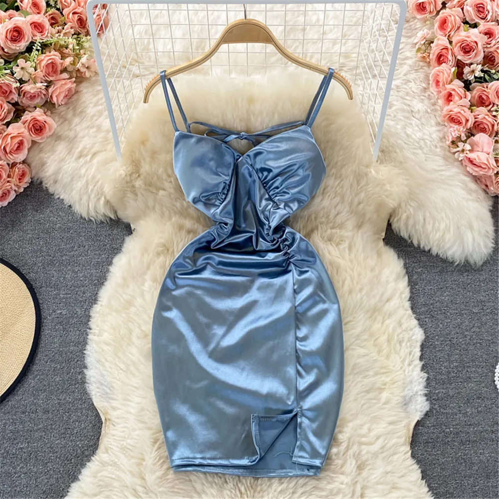 

Women Mini Party Satin Dress 2021 Summer Sling Split Tube Short Dresses Sexy Sundress Female Robe Strap Vestidos Woman Clothing