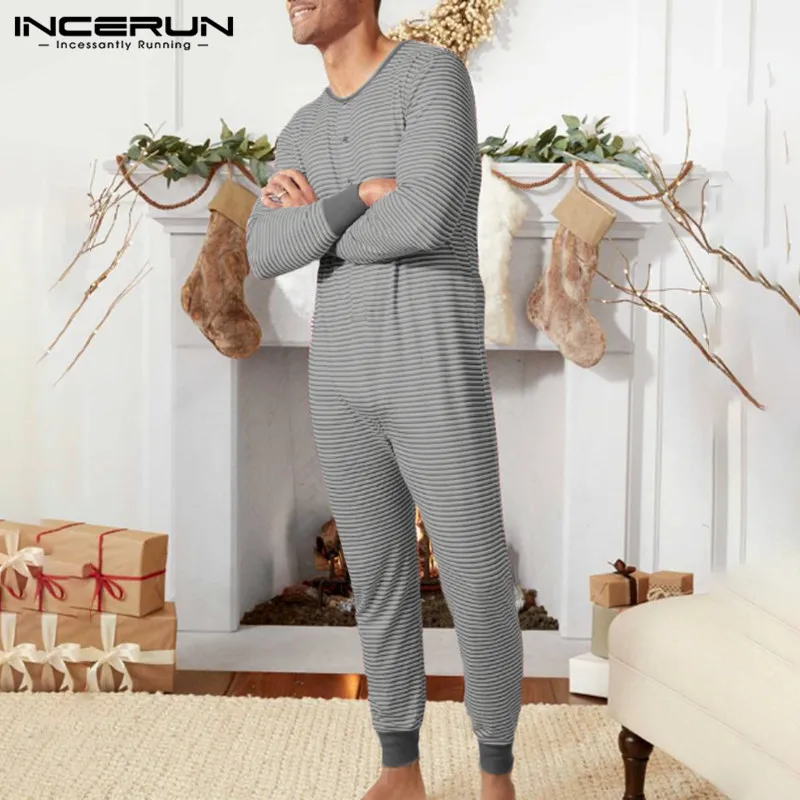 

INCERUN Men Striped Pajama Jumpsuits Leisure Long Sleeve Buttons Rompers Nightgown Man Fitness Breathable Overalls Homewear 5XL
