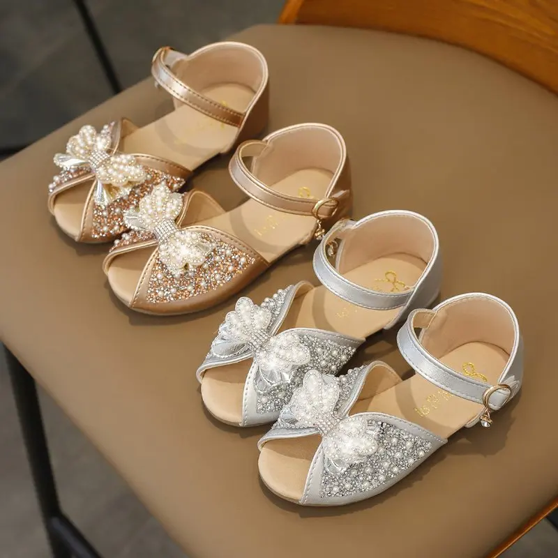 

Summer Girls Sandals Fish mouth Princess Shoes Pearls Bowtie Party Shoes Baby Kids 's Wedding Shoes performance shoes 3-12Y