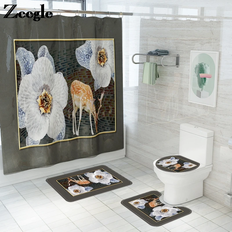

Modern Style Bath Mat and Shower Curtain Set Printed Shower Room Bath Rug Toilet Bathroom Carpet Mat Shower Room Floor Mats