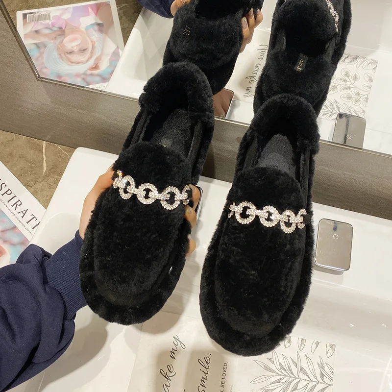 

Rhinestone Rabbit Fur Flats Women Metal Buckle Warm Plush Winter Shoes Woman Crystal Beading Fur Loafers Mules New Spring Flats