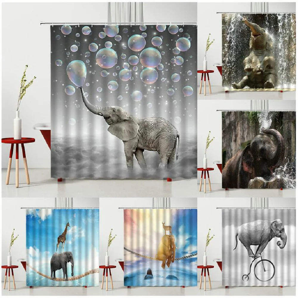 

Занавеска для душа в виде слона, воздушный шар, воздушный шар, слон на велосипеде, скандинавский стиль, декоративная, разные размеры