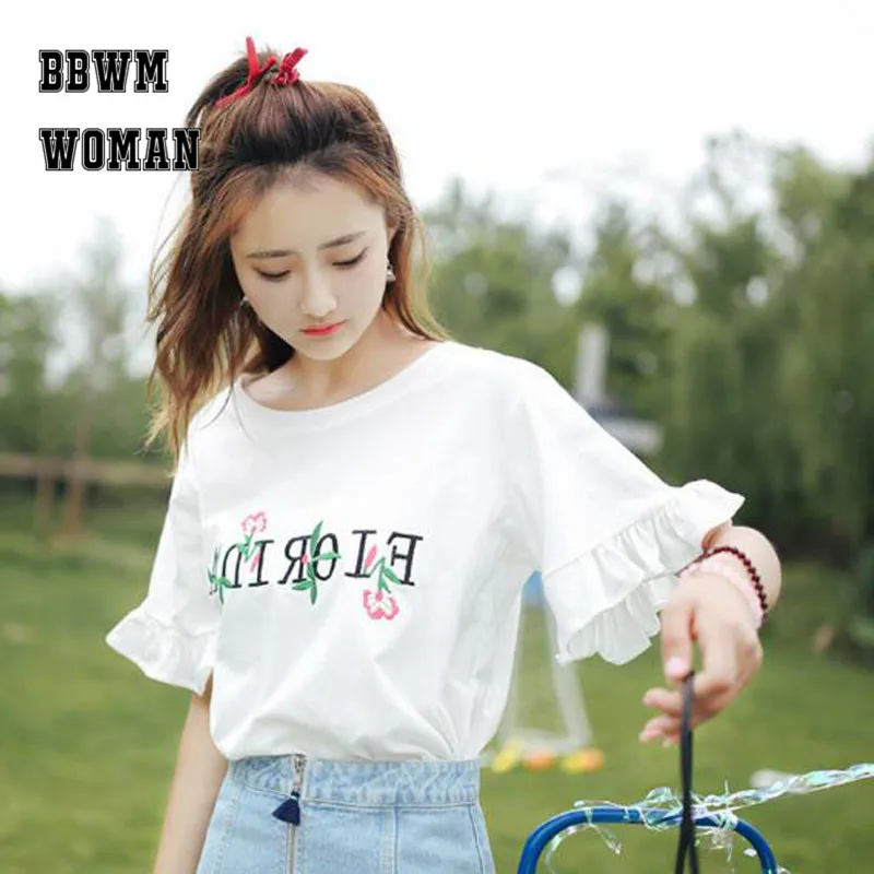 

Женская летняя футболка с вышивкой и надписью на английском языке, топы с рукавом до локтя для подростков средней школы, стиль Харадзюку