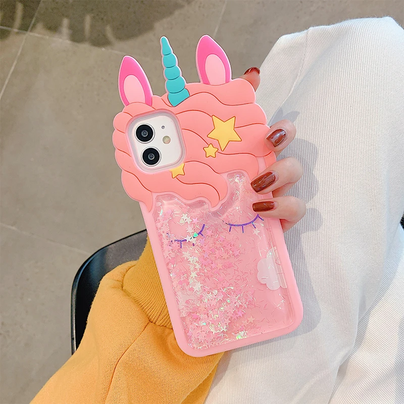 

3D Cartoon Pink Quicksand Unicorn Soft Phone Case For iPhone 12 Mini 11 Pro Max X XS MAX XR 7 8 6S 6Plus SE 2020 Tpu Back Cover