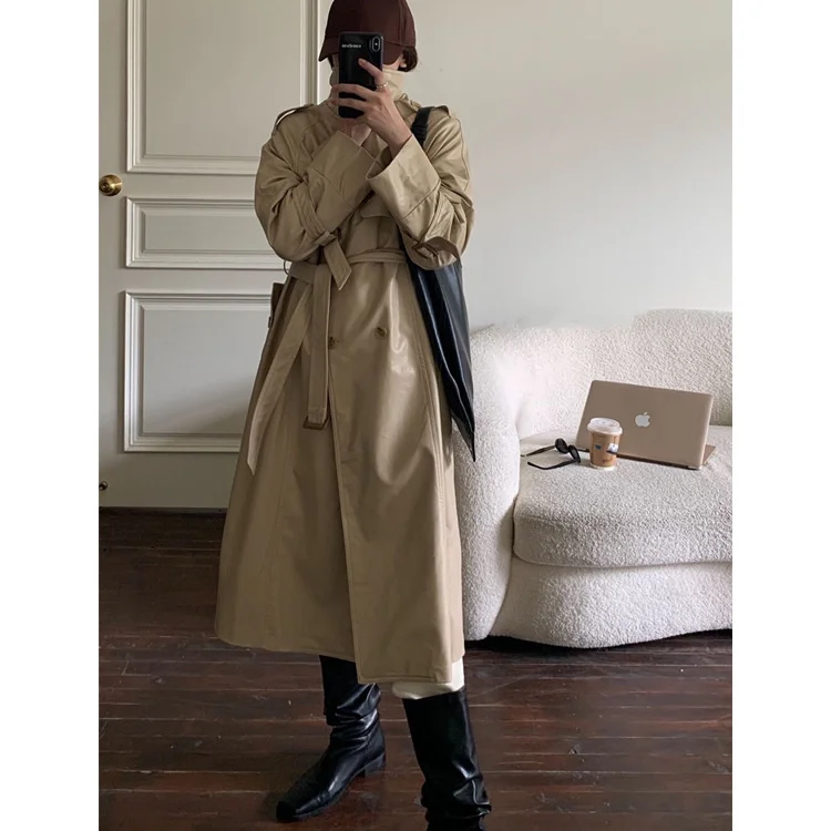 

Женское кожаное пальто с отложным воротником, свободная двурядная ветровка с пряжкой средней длины, осеннее пальто