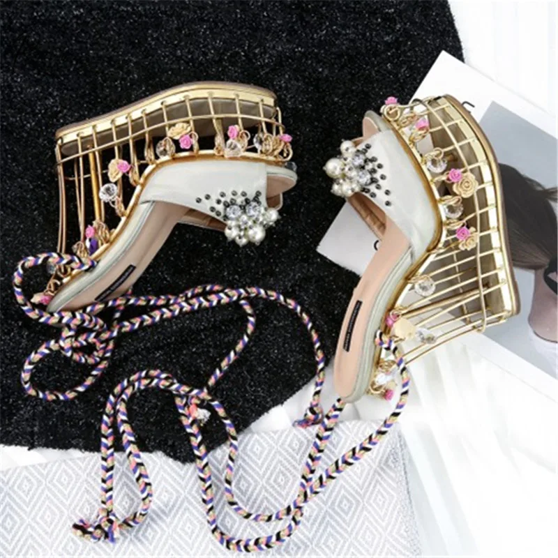 

Prowow Fashion Style Women Summer Sandals Open Toe Flower Pearls Lace Up Platform Women Sandals Ladies Wedding Party Shoes Woman