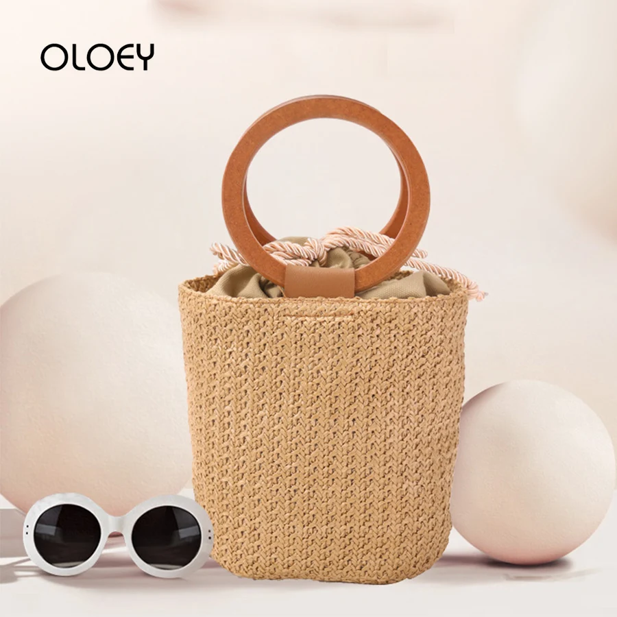 Соломенная пляжная сумка из ротанга с деревянной ручкой летняя плетеная