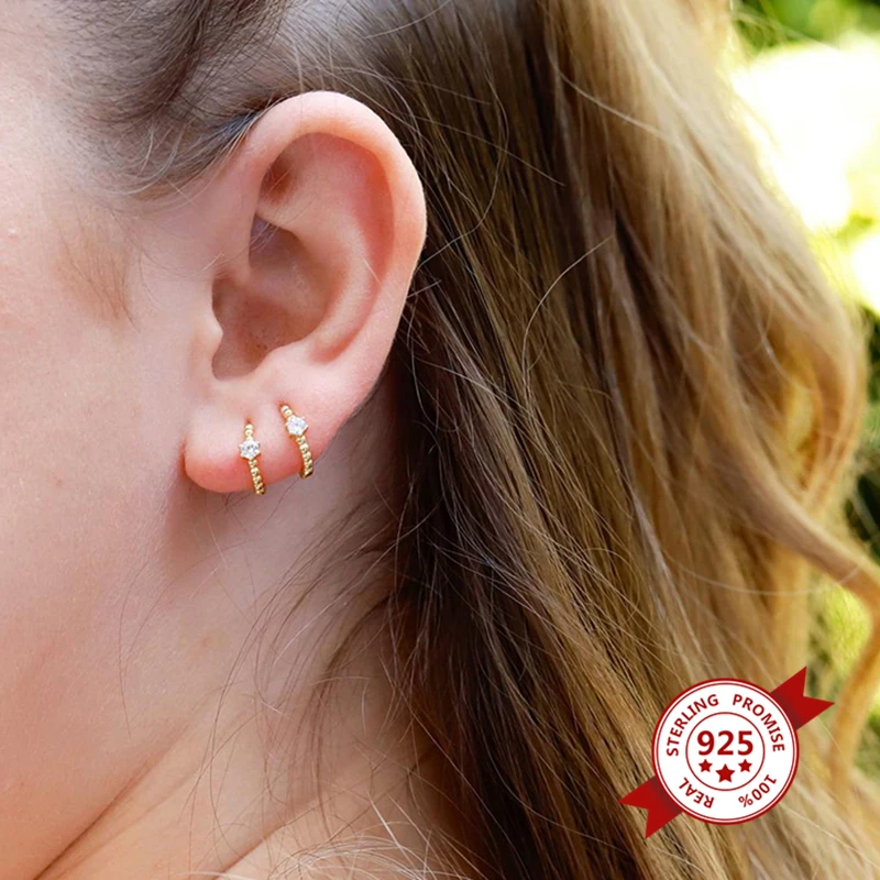 

9mm Gold color 925 Sterling Silver One Zircon Small Hoop Earrings Minimalist European luxury Women Fashion Earring Wholesale