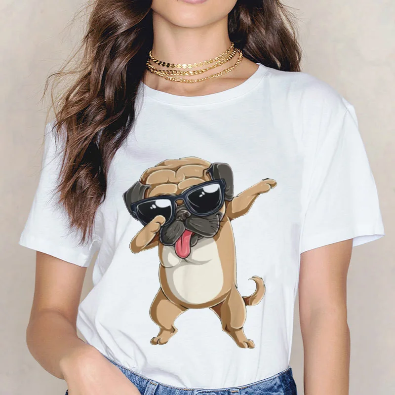 

Модный новый комплект из модных женских французская футболка борьба с графическим изображением собаки принтом; Повседневные белые с кругл...