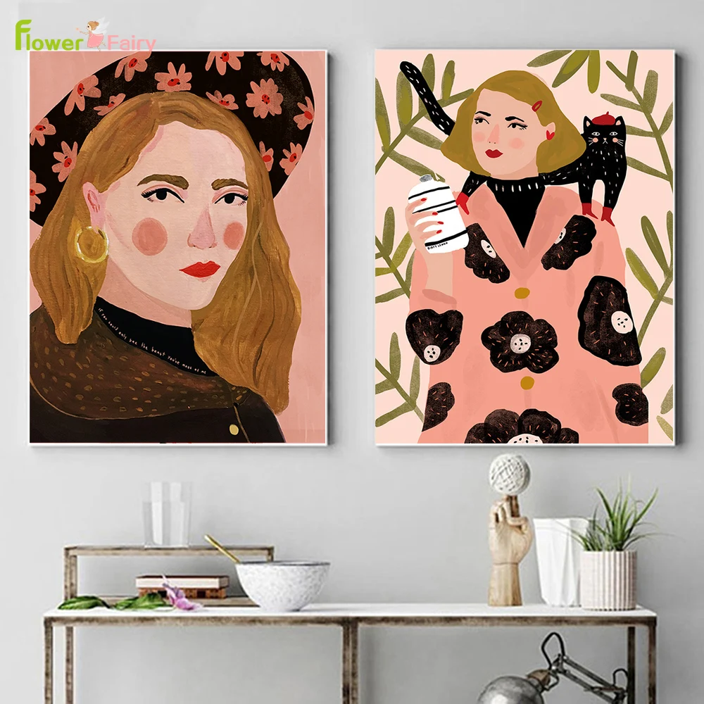 

Modern Women Flower Girl Cat Lady Wall Art Canvas Painting Nordic Poster Wall Pictures For Living Room Home Decor Unframed