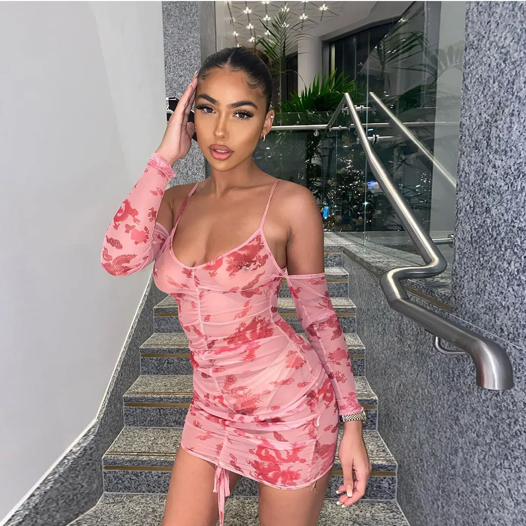 

2021 Summer Fashion Women's Lace Ruching Dragon Print Fashion Sexy Sling Dress Slim Pack Hip