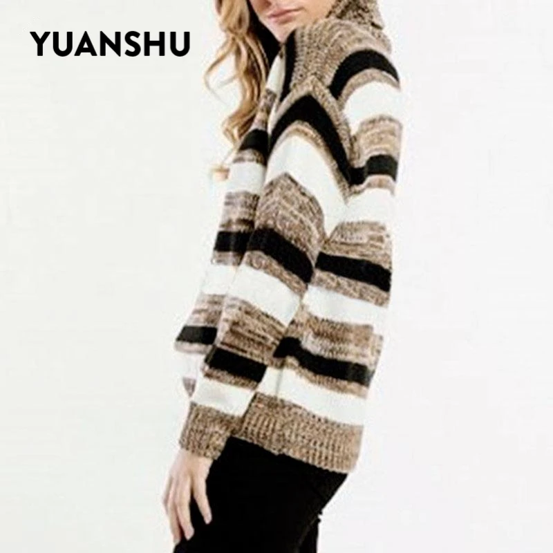 YUANSHU Casual Stripe Women Sweater 2019 Autumn Winter Turtle Sweaters Female Warm Knitted Pullover Jumper Fashion Knitwear | Женская