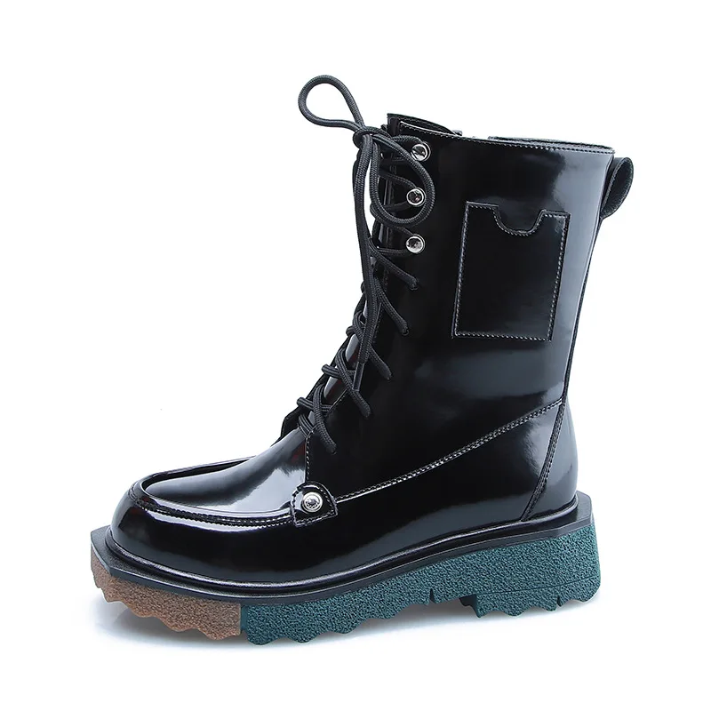 

Punk Style Fashion Black Zipper Shoes Woman Genuine Leather Chunky Heels Motorcycle Boots Round Toe Leather Martin Boots Women
